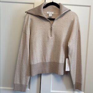 Rachel Zoe Cream Quarter Zip Cowl Neck Sweater with Ribbed Details